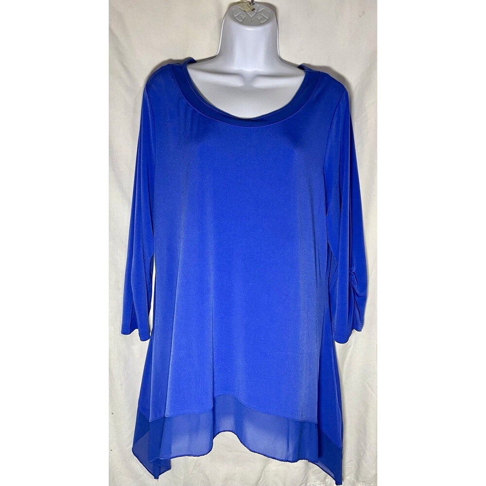 Simply Emma Women’s Tunic Blouse 2X Blue Solid Scoop Neck 3/4 Sleeve Layered